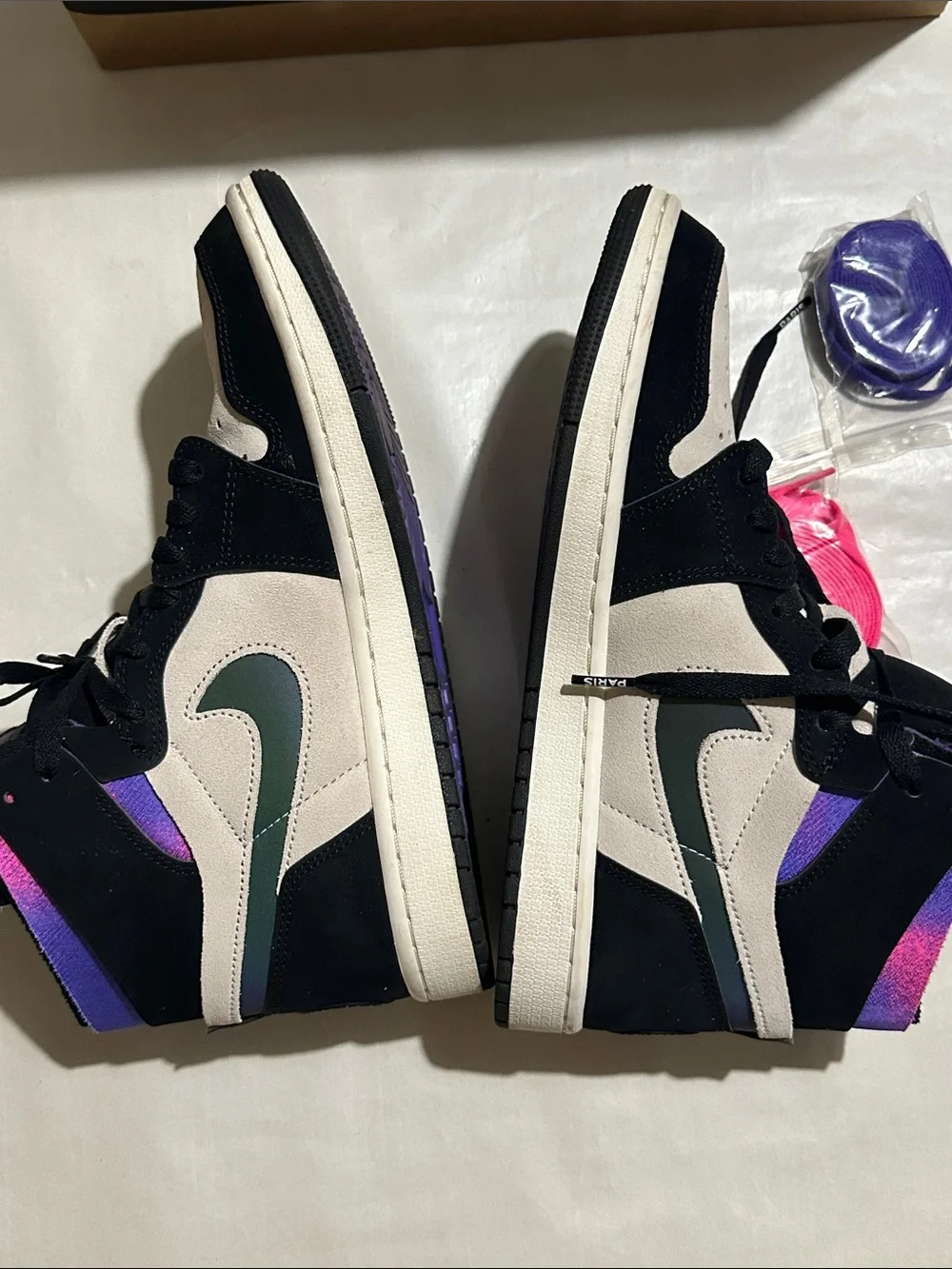 Nike PSG Jordan 1’s — Black, White & Purple Iridescent Swoosh